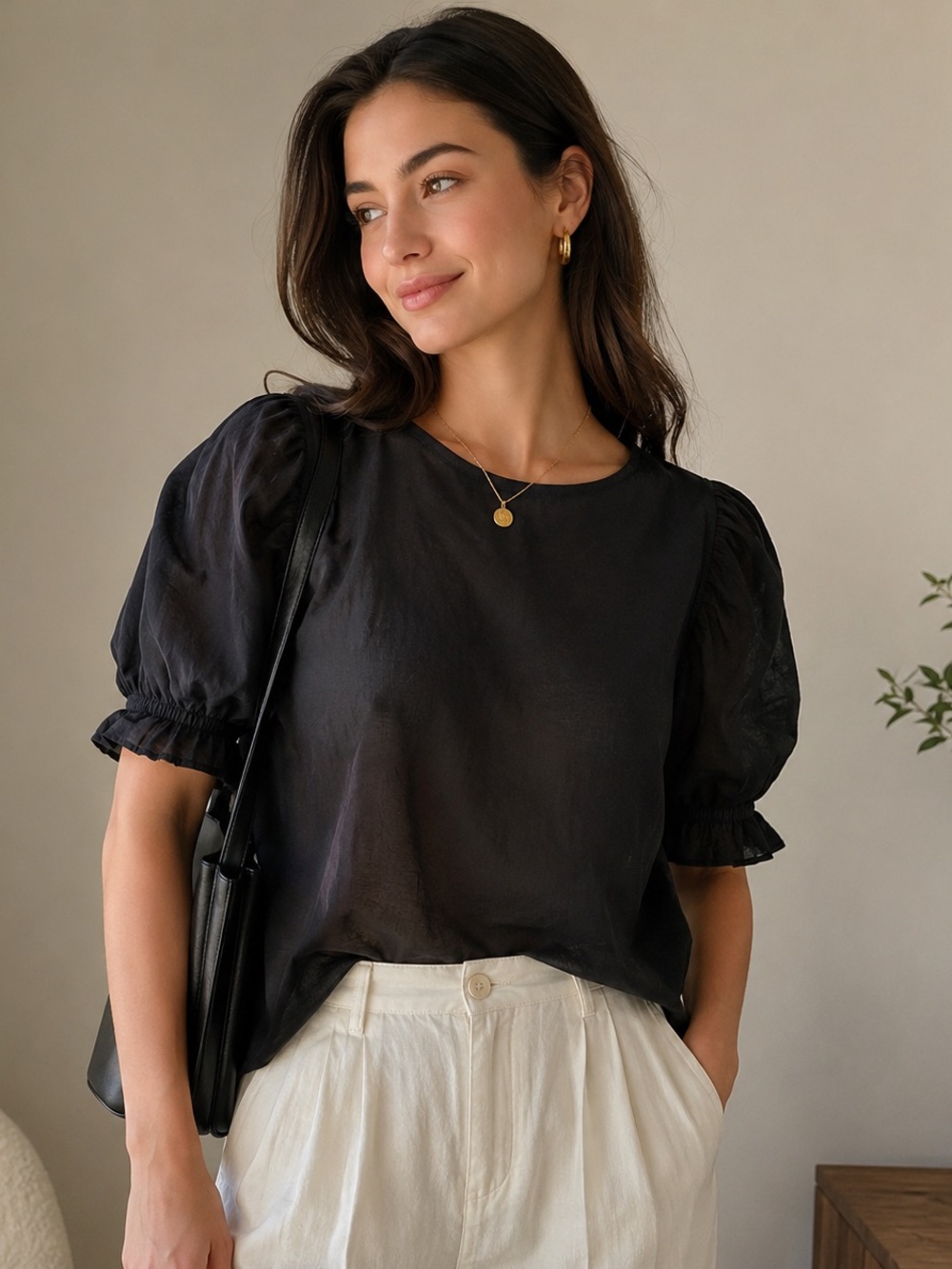 DKNY Black Cotton Batiste Puff Sleeve Blouse Condition Size M